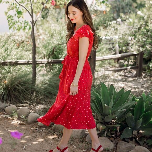 Old Navy Surplice Wrap Front Midi Dress Red Dots Size XXL NWT Tie Waist - Picture 3 of 13